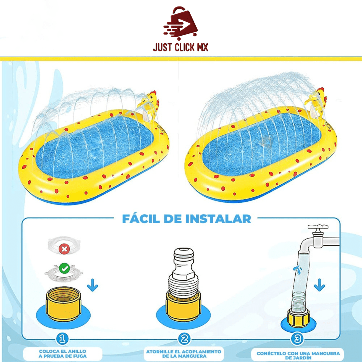 Alberca Inflable JustClick MX Ovalado con Aspersores de agua TEMATICA de dinosaurio 169 cm x 102 cm x 64 cm