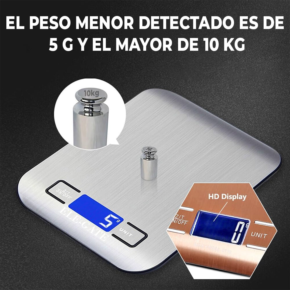 Báscula Digital de Cocina de Acero Inoxidable – Precisión de 1 g, Capacidad de 10 kg, Pantalla LCD