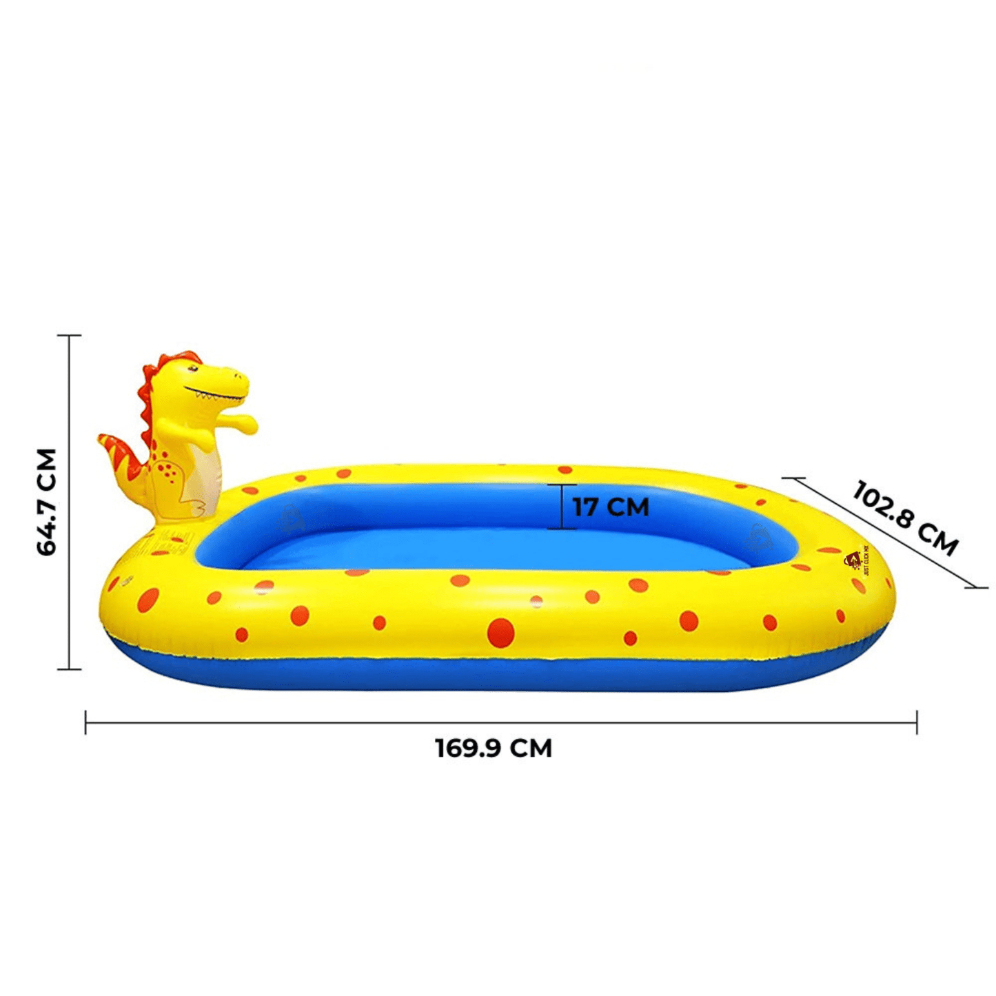 Alberca Inflable JustClick MX Ovalado con Aspersores de agua TEMATICA de dinosaurio 169 cm x 102 cm x 64 cm