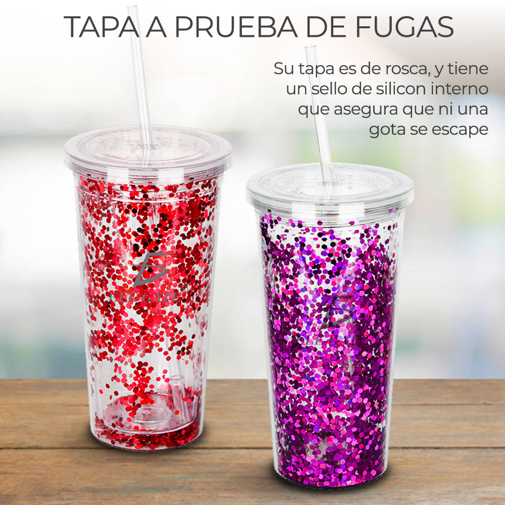 Vaso Termo Acrilico Glitter Tornasol 420 ML Con Popote