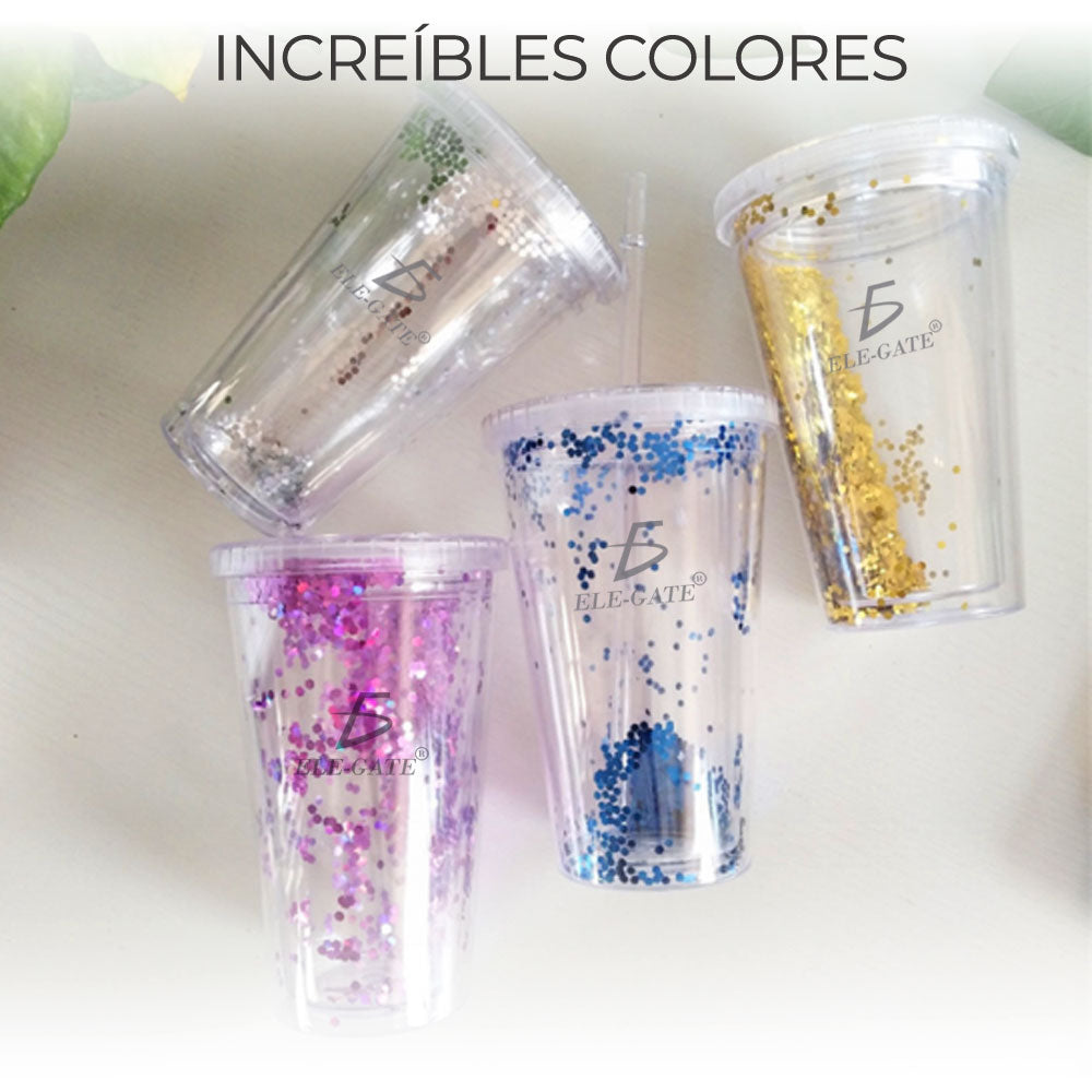 Vaso Termo Acrilico Glitter Tornasol 420 ML Con Popote
