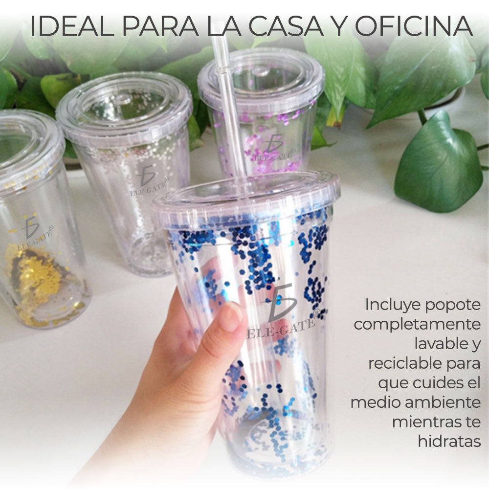Vaso Termo Acrilico Glitter Tornasol 420 ML Con Popote