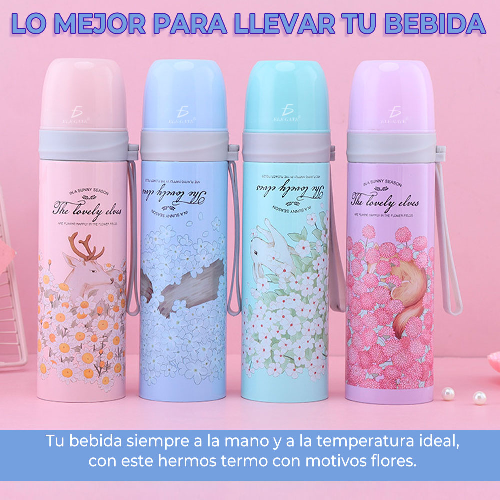 Vaso Termo Acero de Inoxidable Para Bebida Floral Colores Acabado Metálico
