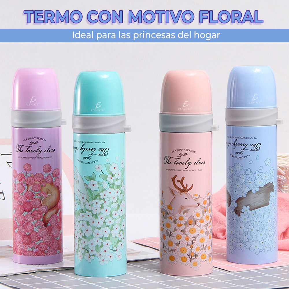 Vaso Termo Acero de Inoxidable Para Bebida Floral Colores Acabado Metálico