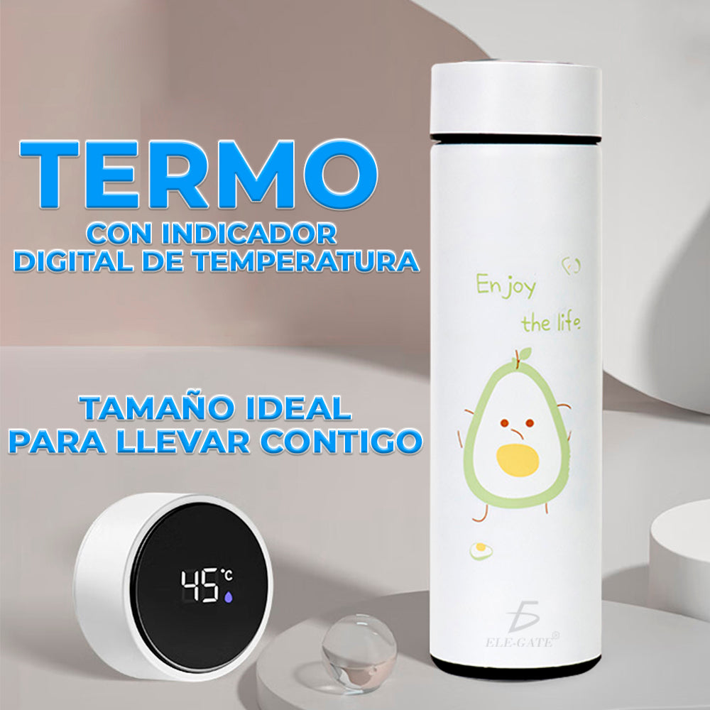 Termo de Acero Inoxidable 500ml/17 oz Inteligente Indicador de Temperatura Ilustración de un simpatico  Aguacate
