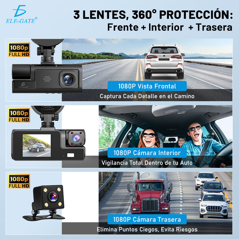 Cámara de Seguridad DVR (Frontal + Interior) con Pantalla Compacta de 2.0″ Visión Nocturna IR con 3 Cámaras