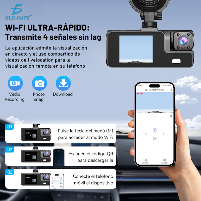 Cámara de Seguridad DVR (Frontal + Interior) con Pantalla Compacta de 2.0″ Visión Nocturna IR con 3 Cámaras