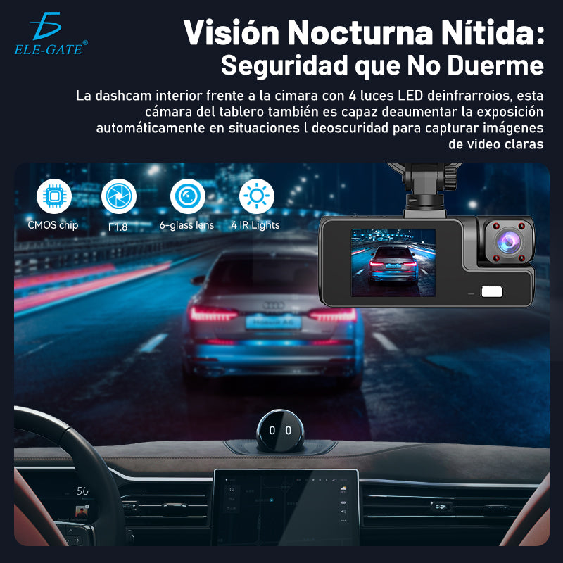 Cámara de Seguridad DVR (Frontal + Interior) con Pantalla Compacta de 2.0″ Visión Nocturna IR con 3 Cámaras