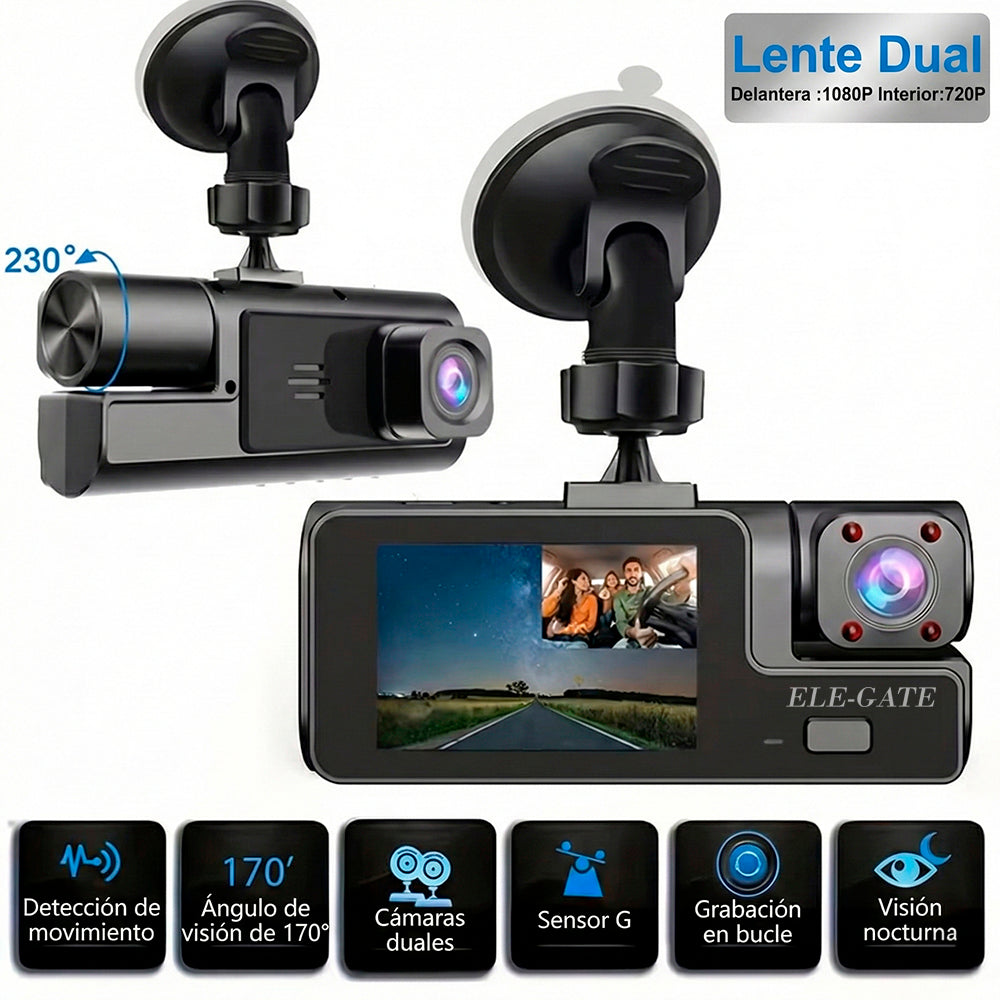 Cámara de Seguridad DVR (Frontal + Interior) con Pantalla Compacta de 2.0″ Visión Nocturna IR con 3 Cámaras
