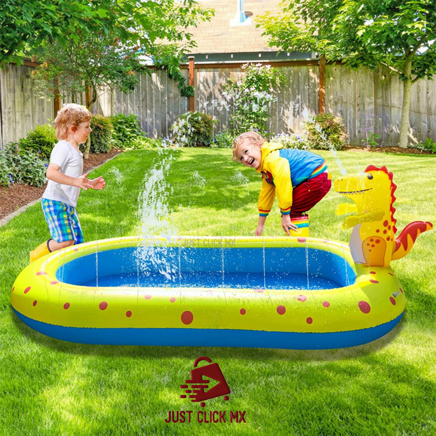 Alberca Inflable JustClick MX Ovalado con Aspersores de agua TEMATICA de dinosaurio 169 cm x 102 cm x 64 cm