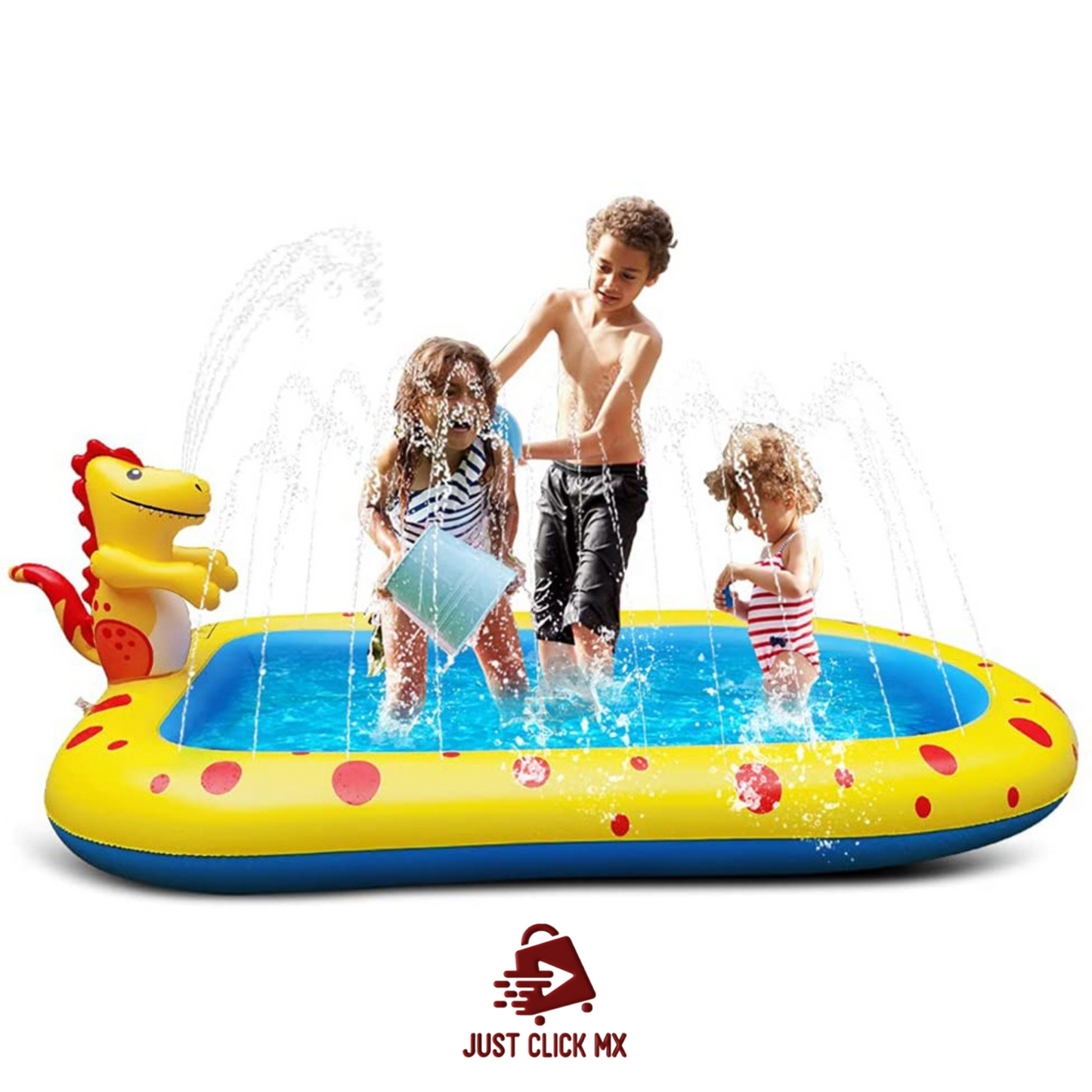 Alberca Inflable JustClick MX Ovalado con Aspersores de agua TEMATICA de dinosaurio 169 cm x 102 cm x 64 cm