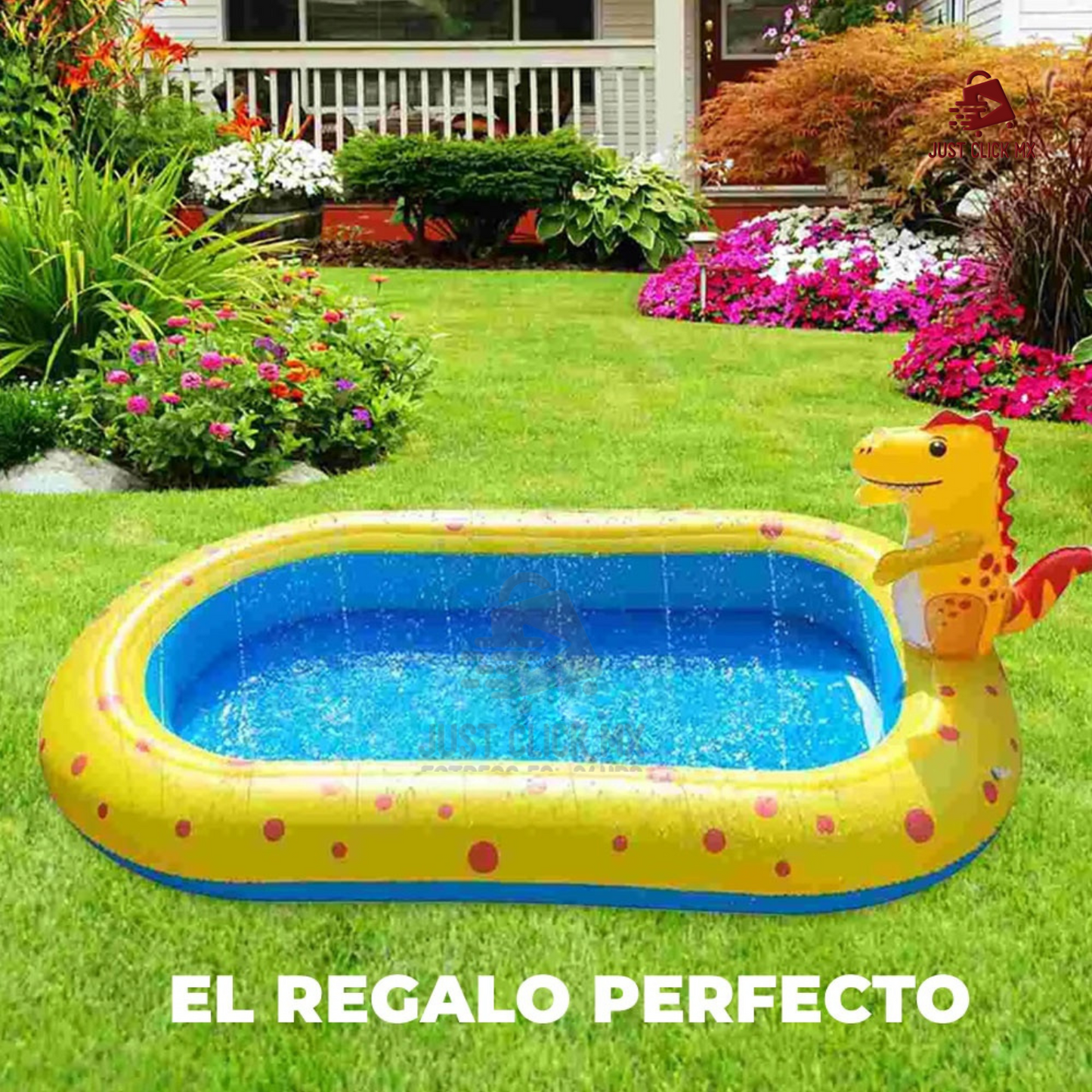 Alberca Inflable JustClick MX Ovalado con Aspersores de agua TEMATICA de dinosaurio 169 cm x 102 cm x 64 cm