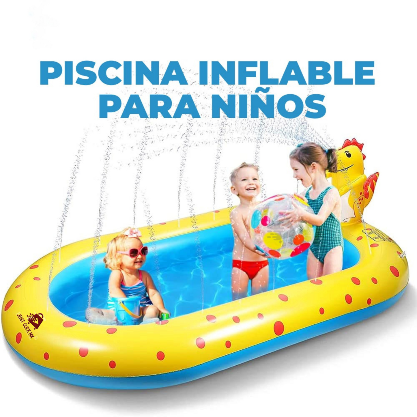 Alberca Inflable JustClick MX Ovalado con Aspersores de agua TEMATICA de dinosaurio 169 cm x 102 cm x 64 cm