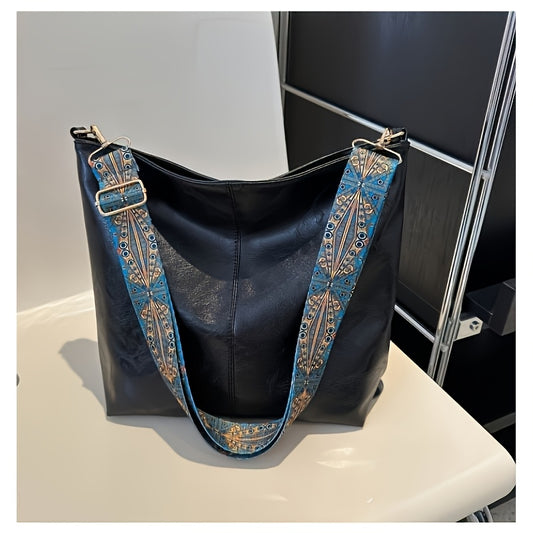 Bolso de hombro grande estilo bohemio para mujer | Correa ancha vintage, diseño casual cruzado, correa ajustable, cierre de cremallera, bolso de viaje con bordado detallado en azul y dorado
